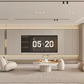 Modern Living Dining Room Interior With White Sofa Round Armchair Coffee Table And Decorative Paintings