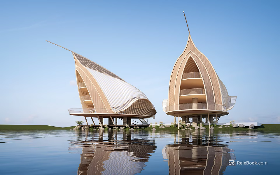 Modern Wooden House on Water with Reflection and White Roof Open Balcony Design 3d model 