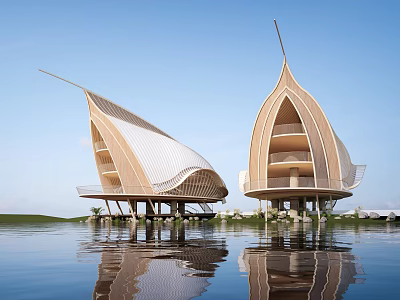 Modern Wooden House on Water with Reflection and White Roof Open Balcony Design 3d model