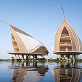 Modern Wooden House on Water with Reflection and White Roof Open Balcony Design