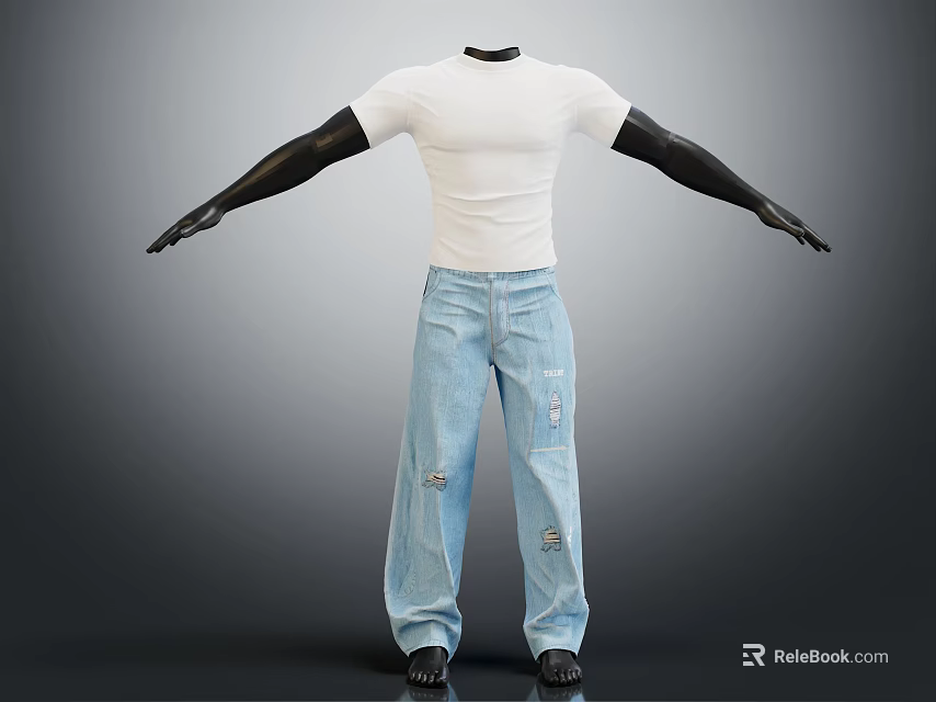 Mannequin Wearing White T-Shirt And Blue Distressed Jeans With Black Arms Against Gray Background 3d model 