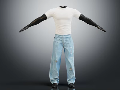 Mannequin Wearing White T-Shirt And Blue Distressed Jeans With Black Arms Against Gray Background 3d model