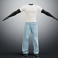Mannequin Wearing White T-Shirt And Blue Distressed Jeans With Black Arms Against Gray Background