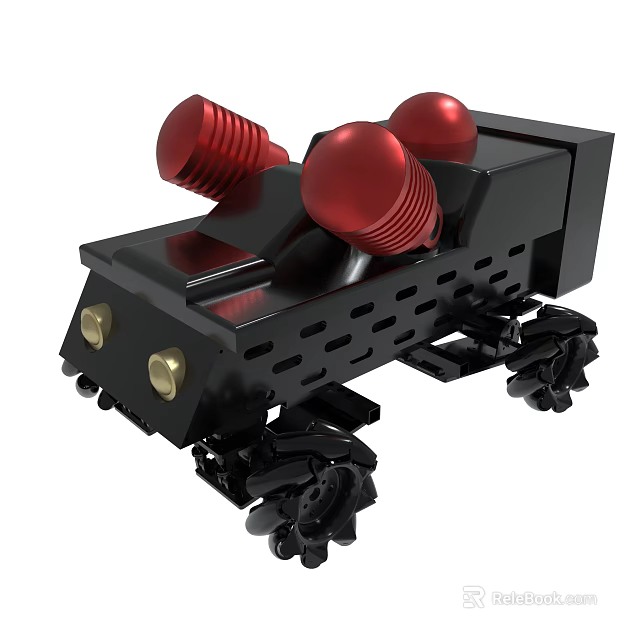 Small Black Mechanical Device With Red Circular Components And Wheel Structure 3d model