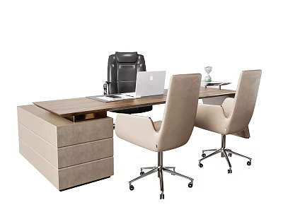 Modern Office Desk With Laptop Black Backpack Vase And Two Beige Chairs 3d model