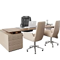 Modern Office Desk With Laptop Black Backpack Vase And Two Beige Chairs