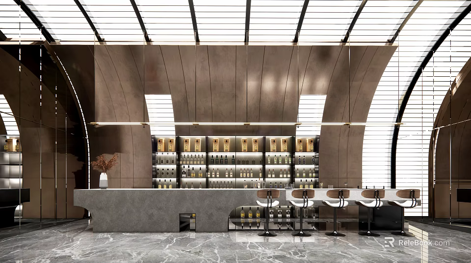 Modern Bar Interior Design With Curved Walls Gray Counter Bottle Shelves And Bar Stools 3d model 
