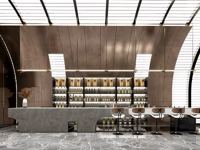 Modern Bar Interior Design With Curved Walls Gray Counter Bottle Shelves And Bar Stools 3d model