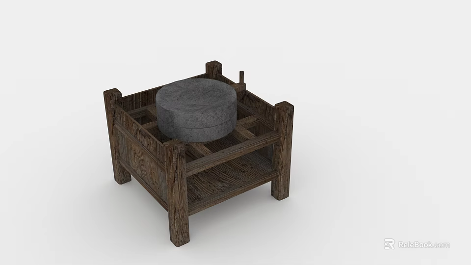 Rustic Wooden Small Stool With Gray Cushion And Open Frame Structure 3d model 