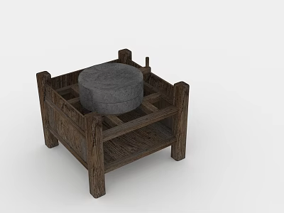 Rustic Wooden Small Stool With Gray Cushion And Open Frame Structure 3d model