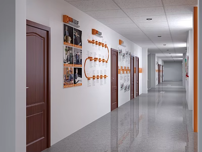Bright Office Hallway Interior With White Walls Brown Wooden Doors Wall Decor And Ceiling Lights 3d model