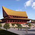 Ancient Architecture With Yellow Roof Traditional Design And Stone Steps Under Blue Sky White Clouds
