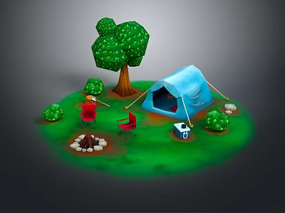 Outdoor Camping Furniture With Red Chair Small Table And Green Grass 3d model