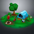 Outdoor Camping Furniture With Red Chair Small Table And Green Grass