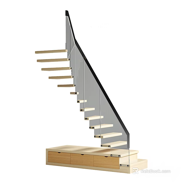 Modern Staircase Featuring Glass Railing and Wooden Treads in Sleek Design 3d model 