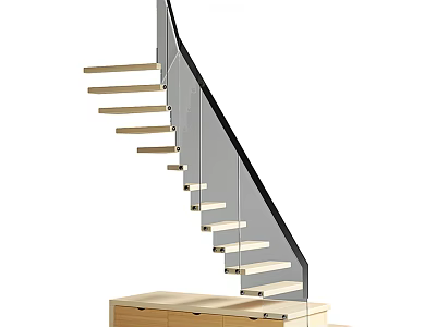 Modern Staircase Featuring Glass Railing and Wooden Treads in Sleek Design 3d model