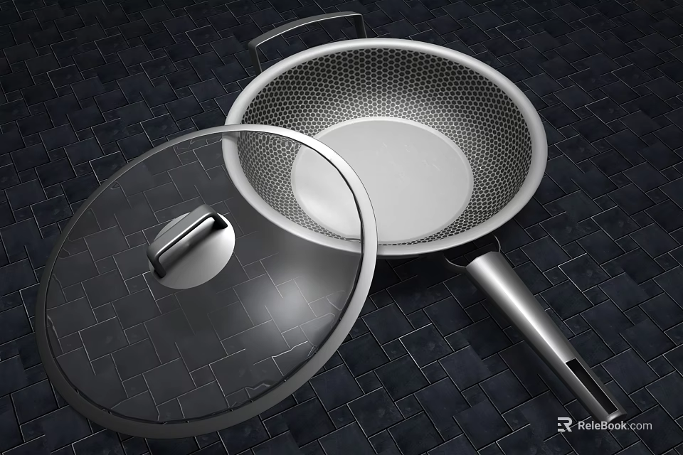 Stainless Steel Wok With Transparent Lid Honeycomb Mesh Design And Metal Handle 3d model 