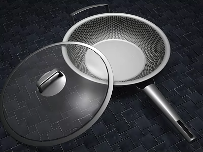 Stainless Steel Wok With Transparent Lid Honeycomb Mesh Design And Metal Handle 3d model