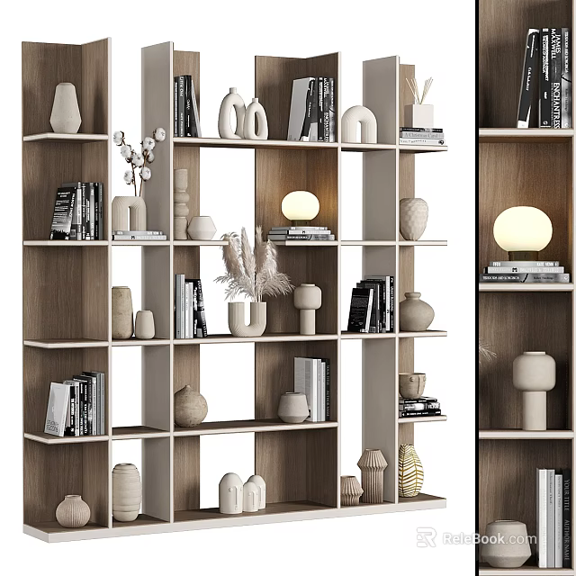 Modern Open Wooden Shelf Unit With Books Vases Decorative Pieces And Lamp 3d model 