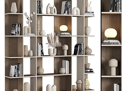 Modern Open Wooden Shelf Unit With Books Vases Decorative Pieces And Lamp 3d model