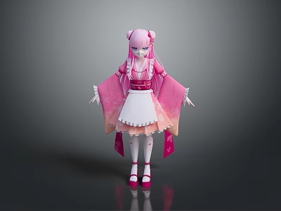 Pink Haired Fantasy Creature Character With Twin Buns In Pink Kimono And White Skirt 3d model