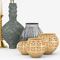 Decorative Ornament Set with Green Vase Pampas Grass Golden Candle Holders and Grey Striped Vase