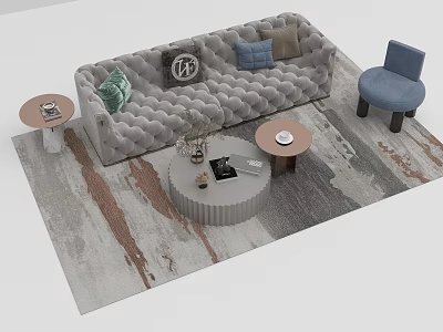 Modern Tufted Sofa with Green Blue Pillows and Round Coffee Tables on Gray Brown Rug 3d model
