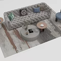 Modern Tufted Sofa with Green Blue Pillows and Round Coffee Tables on Gray Brown Rug