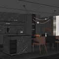 Modern Restaurant Interior Design With Marble Dining Counter Hanging Chandelier Leather Chairs And Large Windows