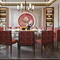 Elegant Chinese Private Dining Box With Round Table Red Chairs Decorative Wooden Shelves And Chandelier