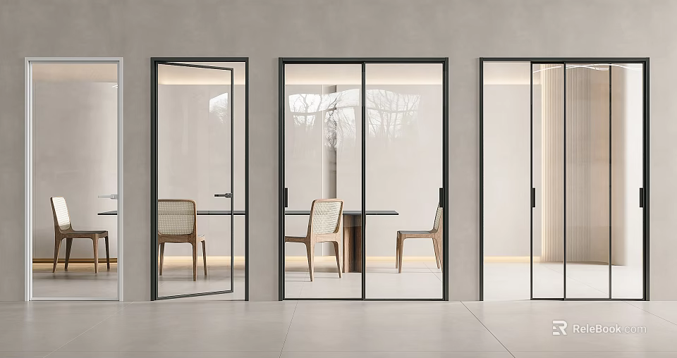 Modern Glass Sliding Doors with Black Frames in Dining Area Interior 3d model