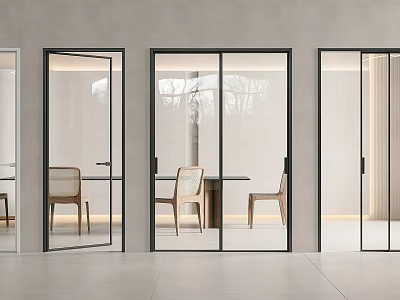 Modern Glass Sliding Doors with Black Frames in Dining Area Interior 3d model