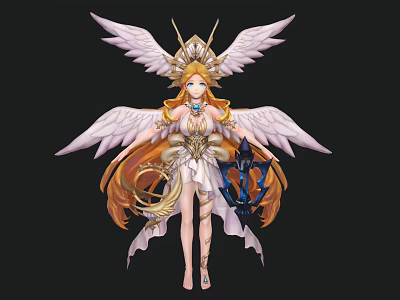 Angelic Woman With White Wings Long Blonde Hair Ornate Headdress And Flowing Gown 3d model