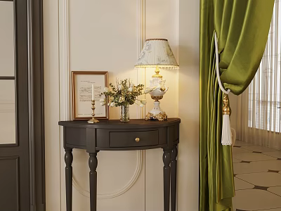 Elegant Entryway Console Table With Decorative Table Lamp Flower Vase And Green Curtains 3d model