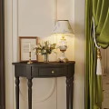 Elegant Entryway Console Table With Decorative Table Lamp Flower Vase And Green Curtains