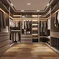 Modern Walk in Closet Interior With Hanging Clothes Cabinets Drawers And Wooden Flooring