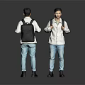 Man Wearing White Shirt Blue Jeans Black Backpack Front And Back View Standing