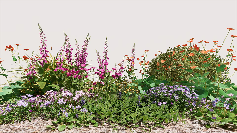 Vibrant Mixed Garden Flowers With Purple Pink Orange Blooms And Green Foliage 3d model 