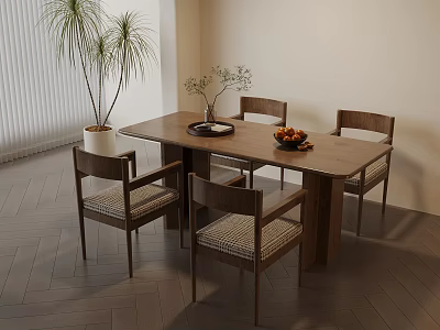 Modern Wooden Dining Table Set With Four Chairs Woven Seats And Fruits On Tray 3d model