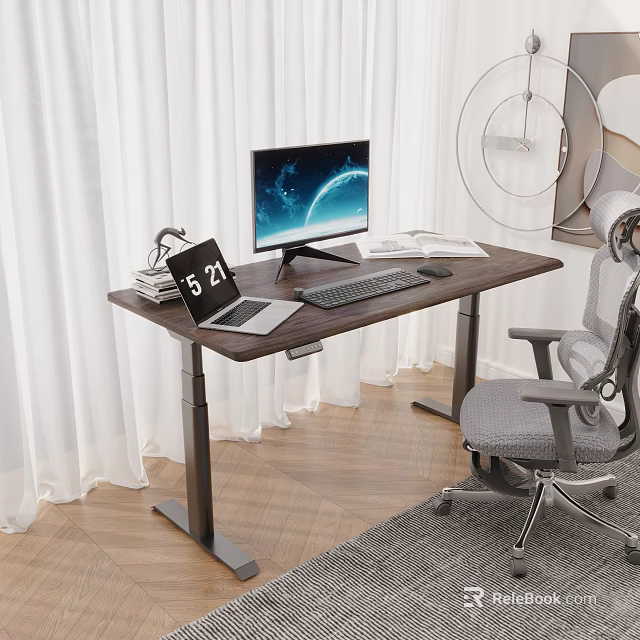 Height Adjustable Wooden Desk With Laptop Monitor Keyboard Clock And Office Chair 3d model 