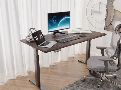 Height Adjustable Wooden Desk With Laptop Monitor Keyboard Clock And Office Chair 3d model