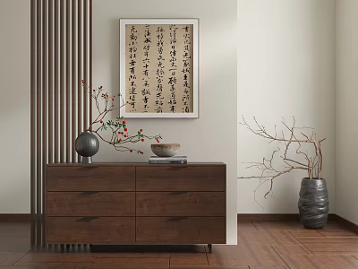 Wooden Entryway Console Table with Drawers Calligraphy Painting and Branch Vase by Vertical Slat Wall 3d model