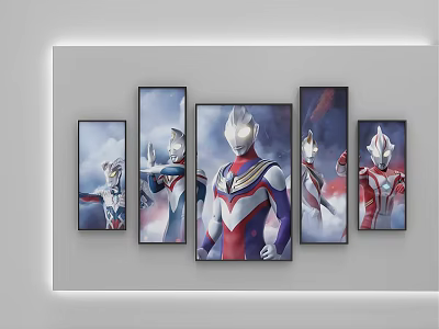 Ultraman Five Piece Wall Art With Red Blue White Colors Various Poses And Sky Background 3d model