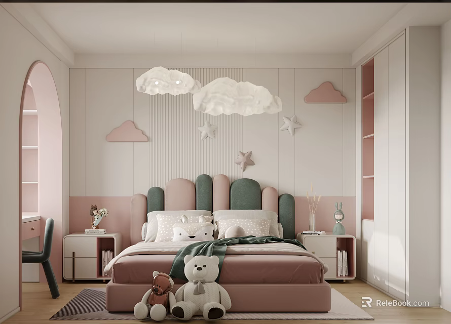 Pink Kids Room Interior With Cloud Pendant Lights Star Decorations Green Headboard And Teddy Bears 3d model 