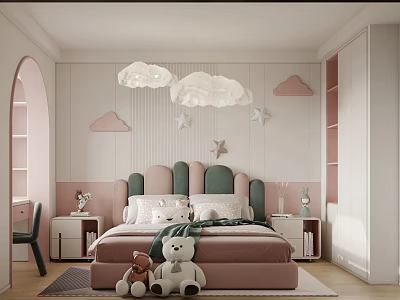 Pink Kids Room Interior With Cloud Pendant Lights Star Decorations Green Headboard And Teddy Bears 3d model