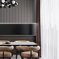 Modern Dark Restaurant Interior With Dining Table Chairs And Pendant Lights 3d model