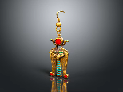 Egyptian Style Golden Earrings With Red And Blue Gemstone God Figure Design 3d model