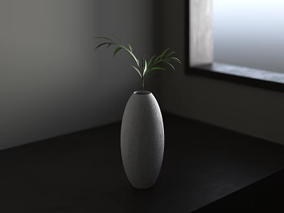 Minimalist Gray Vase with Fresh Green Leaves on Dark Table near Window with Natural Light 3d model
