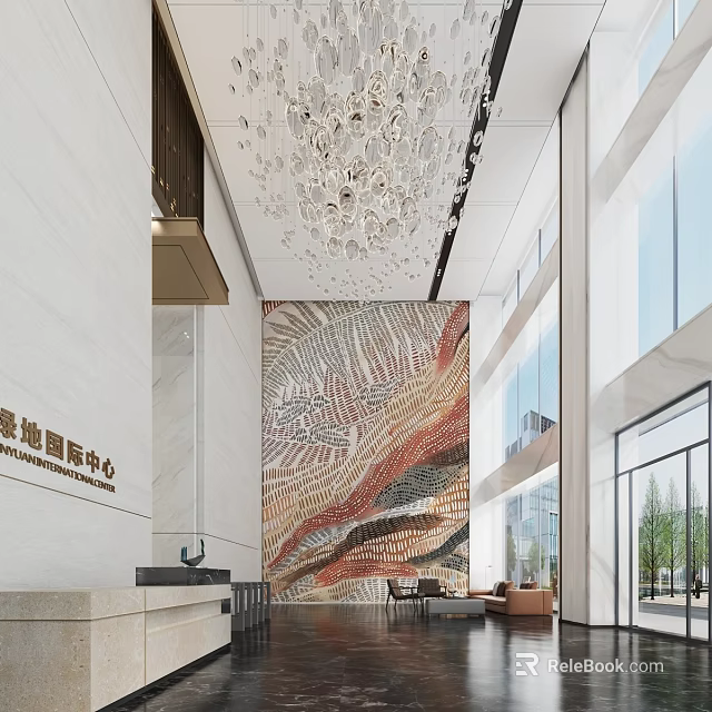 Front Desk Reception In Business Center With Marble Wall Crystal Chandelier And Glass Curtain Wall 3d model 