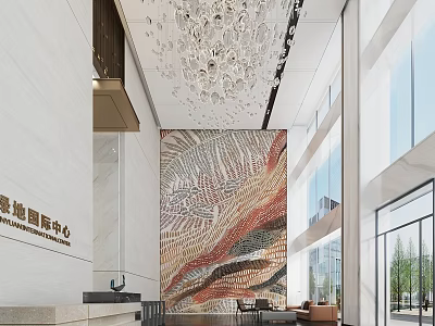 Front Desk Reception In Business Center With Marble Wall Crystal Chandelier And Glass Curtain Wall 3d model